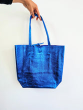 Load image into Gallery viewer, Electric Blue Large Metallic Leather Tote
